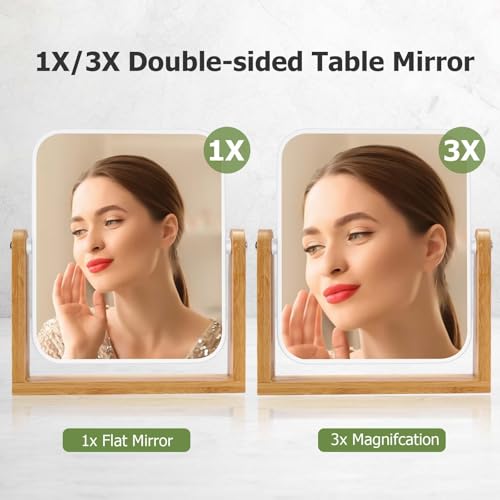 LFOYOU Vanity Makeup Mirror with Natural Bamboo Stand, Double Sided
