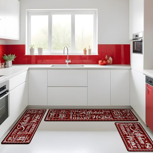 3-Piece Farmhouse Kitchen Rug Set, Non-Slip Red Mats for Floor & Home Decor