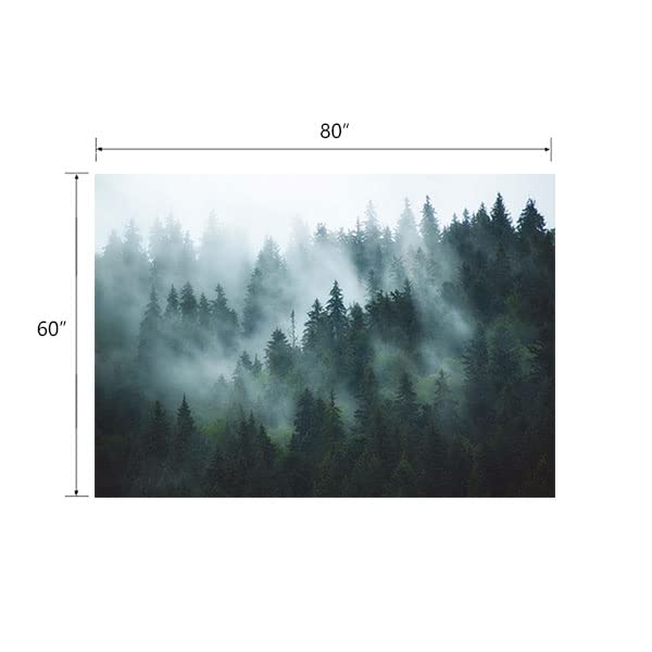Green Foggy Forest Wall Tapestry - Misty Pine Woodland Decor (80" x 60")