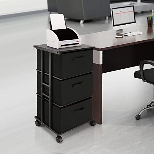 3-Drawer Fabric Storage Tower - Rolling Slim Dresser Organizer (Black)
