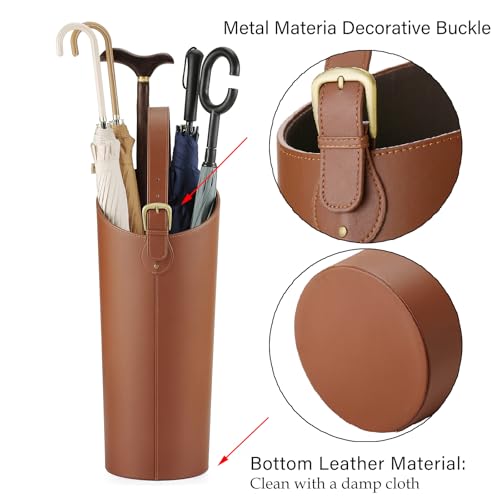 Tall Leather Umbrella Stand for Entryway with Drip Tray and 2 Hooks