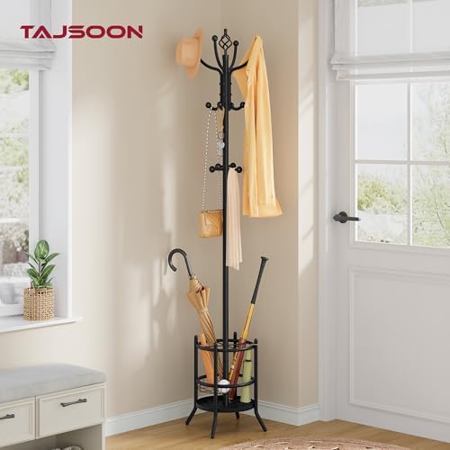 Freestanding Coat Rack with Umbrella Holder and 16 Hooks, Black Metal