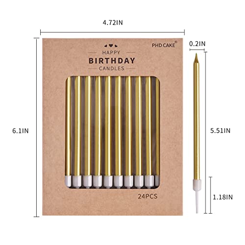 PHD CAKE Gold Long Thin Metallic Birthday Candles with Holders, 24 Pack