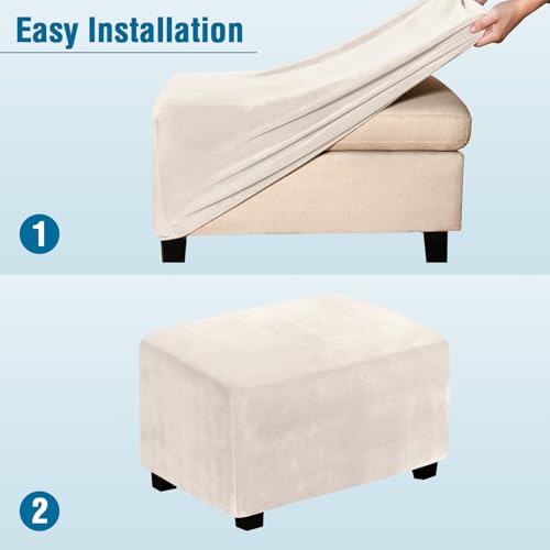 Stretch Velvet Ottoman Cover - Large Rectangle Slipcover, Ivory