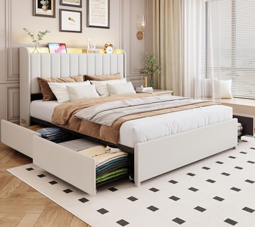 Full Size Upholstered Platform Bed Frame with 4 Storage Drawers & LED Lights