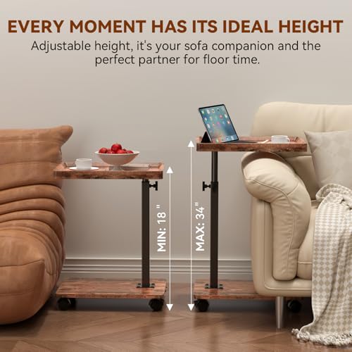 Adjustable C-Shaped Rolling Side Table with Swivel Tray and Wheels