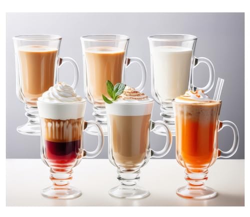Set of 6 Clear Glass Mug Cups with Handles, 8oz for Hot & Cold Beverages