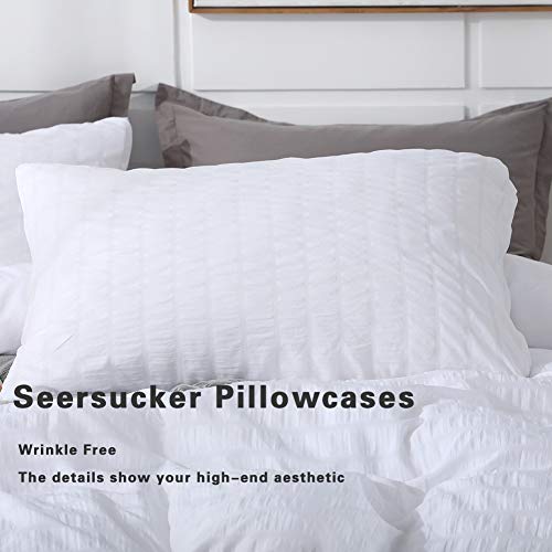 White Queen Seersucker Duvet Cover Set - Soft Washed Microfiber Bedding