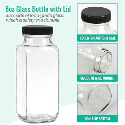 CAKKVDE 8 oz Glass Juice Bottles with Lids 6 Pack | Reusable Square Drink Bottles