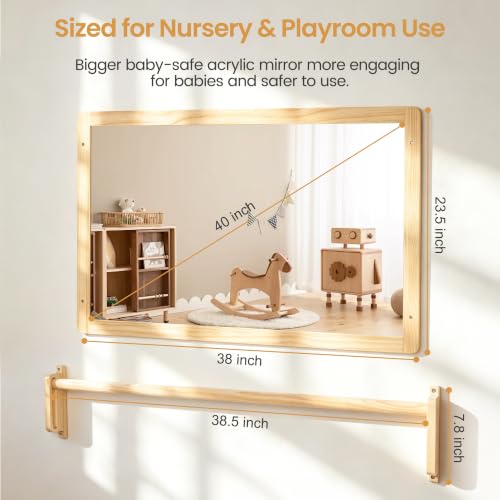 Montessori Baby Mirror with Adjustable Pull Up Bar, 38.2 x 23.6 Inch