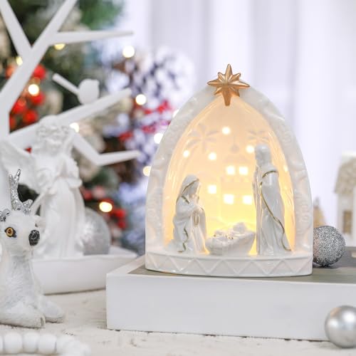Lighted Ceramic Nativity Scene Set - Holy Family Tabletop Christmas Decor