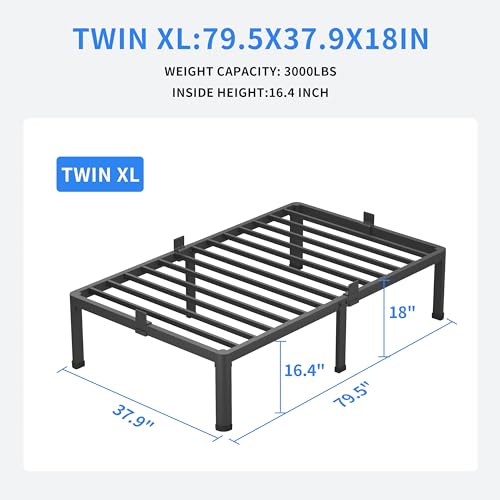 Twin XL Metal Platform Bed Frame, 18-Inch Heavy Duty Steel with Storage