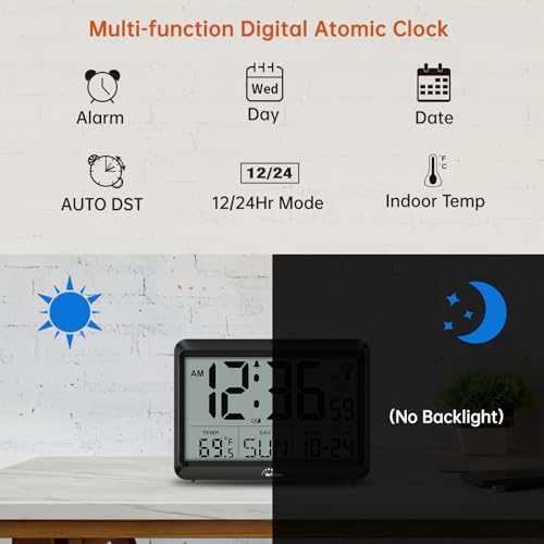 Self-Setting Atomic Digital Wall Clock with Auto DST & Temperature