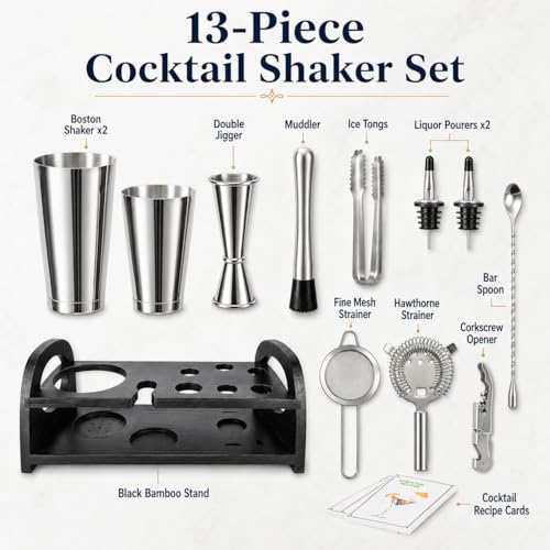 Semderm Boston Shaker Set with Bamboo Stand - Professional Cocktail Bar Kit