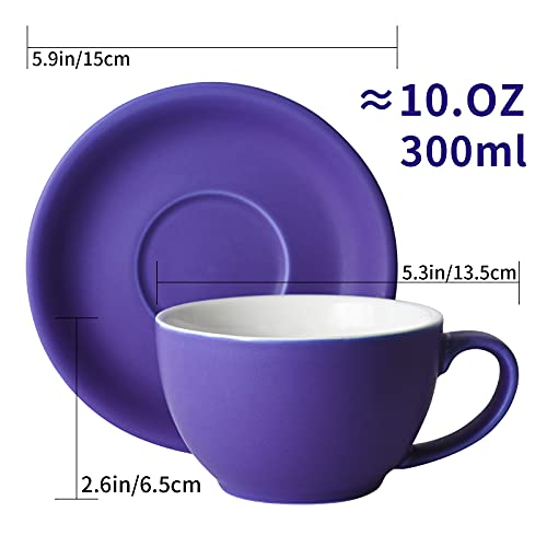 Yundu 10oz Matte Dark Ceramic Latte Cup & Saucer Set - Pack of 4