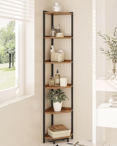 6-Tier Corner Bookshelf, Industrial Metal and Wood Display Stand
