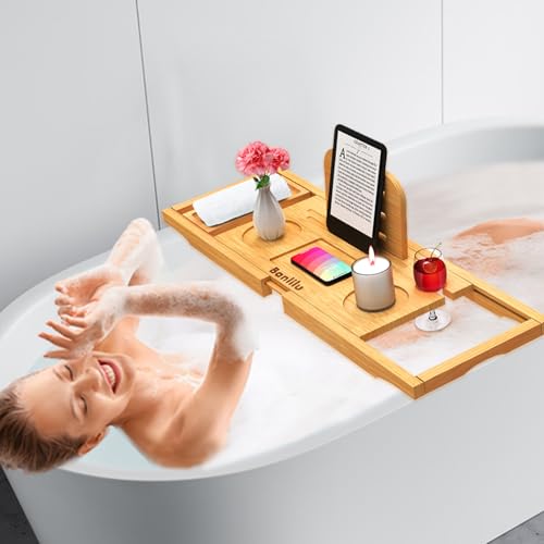 Banlilu Natural Bamboo Bathtub Caddy Tray Expandable Fits Most Tubs