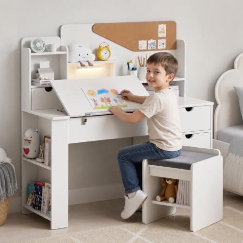 Kids Ergonomic Study Desk and Chair Set with Tiltable Desktop and Storage