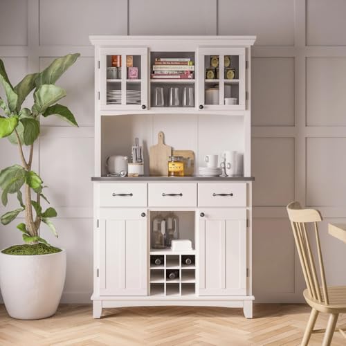Off-White Buffet Server with Hutch and Wine Storage, 44-Inch Wide