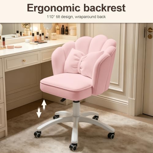 Velvet Petal Desk Chair with Bow Cushion and Swivel Wheels
