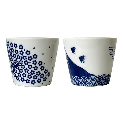 Japanese Sake Cups Set of 2 - Sakura & Mt. Fuji Indigo Pottery, 3.9 fl oz, Cold & Hot Drinkware, Gift Box