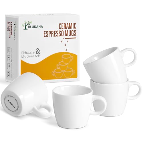 Hlukana Porcelain Espresso Cups Set of 4 - 3.5 oz White Demitasse Coffee Mugs
