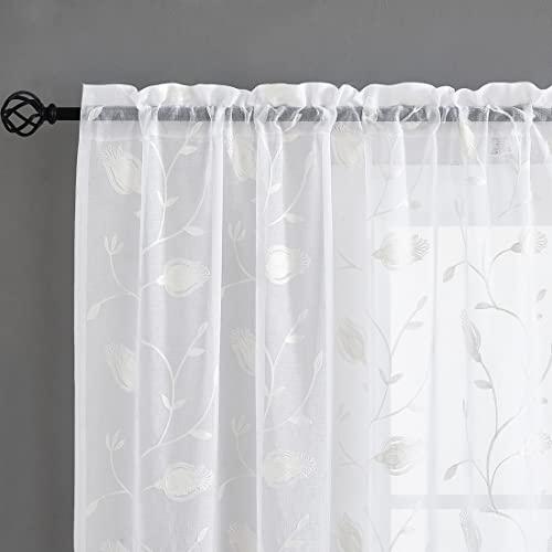 Sheer Embroidered Curtains 52"x72" Rod Pocket Drapes - Set of 2