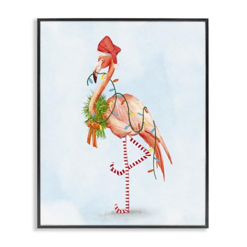 Midnight Black Festive Flamingo Christmas Wreath Wall Art - 24x30 Framed Giclee