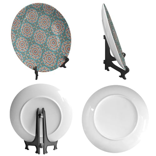 Cyan Blue Ceramic Decorative Plate with Display Stand, 6-Inch Round Ornament