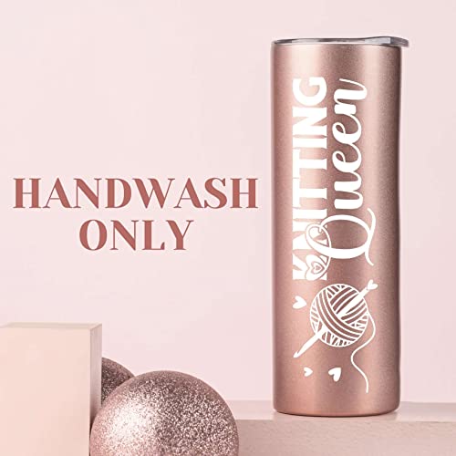 Rose Gold Onebttl Knitting Queen 20oz Stainless Steel Tumbler with Straw & Lid – Crochet Gift for Women