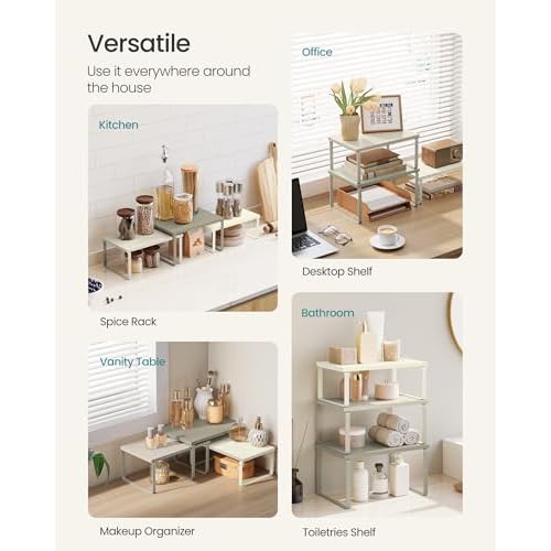 SONGMICS Cabinet Organizer Shelf, Set of 3 Kitchen Counter Shelves, Kitchen Storage, Spice Rack, Stackable, Expandable, Sand Beige UKCS220K01