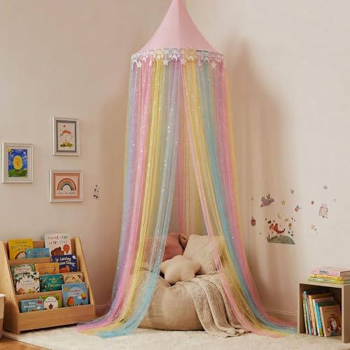 Rainbow Bed Canopy for Girls - Glitter Star & Moon Princess Bed Curtain