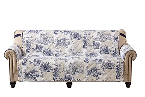 Beige and Ivory Blue Toile Loveseat Cover | Washable Quilted Protector