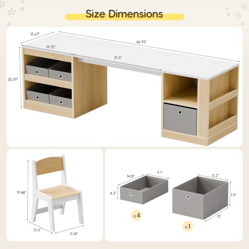 Kids Double Study Desk and Chair Set with Storage Shelves and Fabric Bins