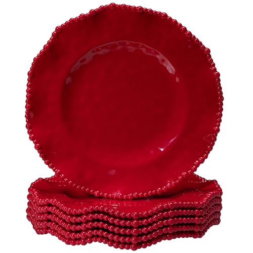 ZAROCRUS Christmas Red 11-Inch Melamine Dinner Plates Set of 6 Beaded Holiday Tableware