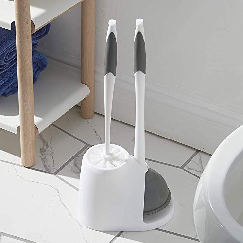 Toilet Plunger and Bowl Brush Set with Storage Holder Caddy, White/Gray