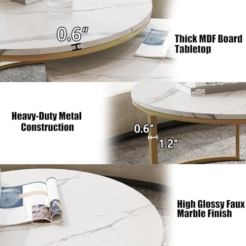 Modern Round Nesting Coffee Table Set of 2, Faux Marble Top with Gold Frame
