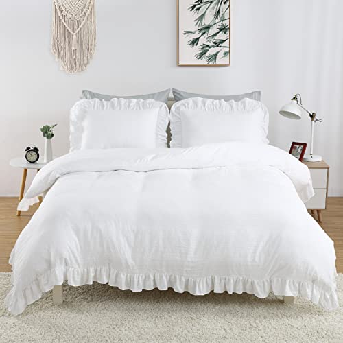 White Ruffle Queen Duvet Cover Set - 3-Piece Washed Microfiber Bedding