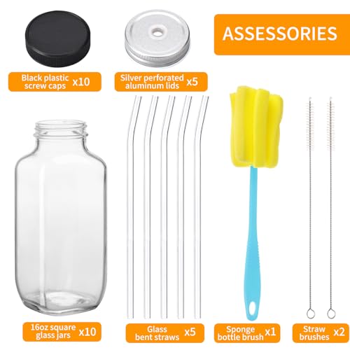 16oz Square Glass Juice Bottles with Lids and Straws - 10 Piece Set