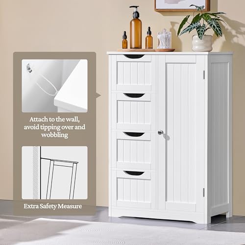 White Bathroom Floor Storage Cabinet with 4 Drawers & Adjustable Shelf