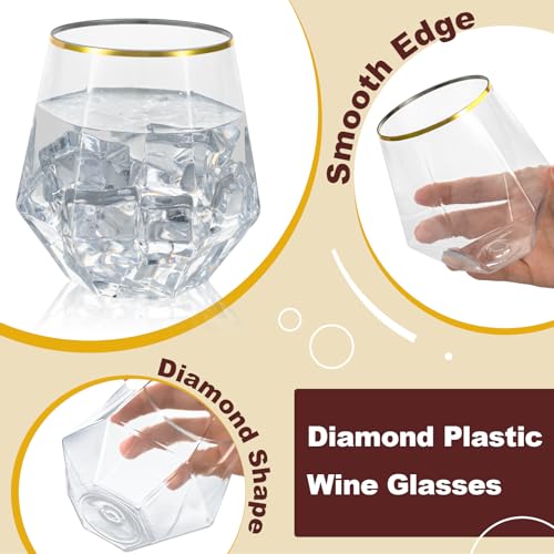 40PCS 12oz Disposable Stemless Plastic Wine Glasses with Gold Rim