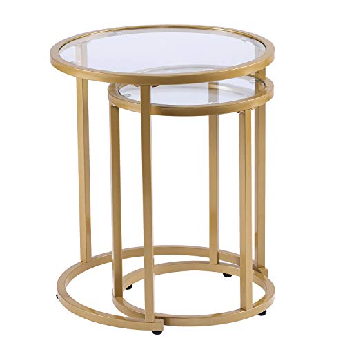 2-Piece Round Nesting Side Table Set, Gold Metal and Glass Accent Tables