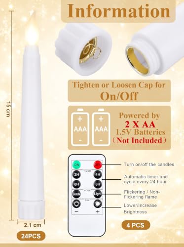Funtery 24-Piece 6" Flameless LED Taper Candles with Remote & Timer, White, Tapered Style