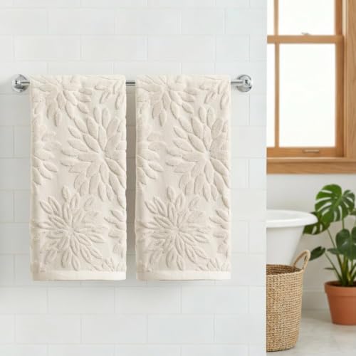 3D Dahlia Floral Jacquard Hand Towels, 100% Cotton Absorbent Set of 2