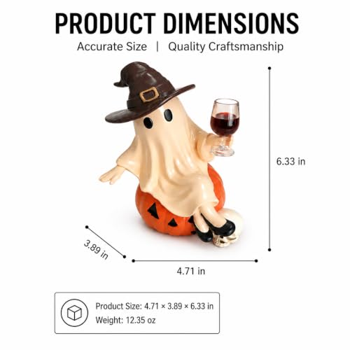 Resin Halloween Ghost Figurine with Witch Hat, Pumpkin & Wine Glass Decor