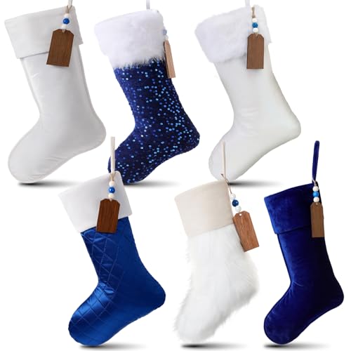 Blue Christmas Stockings 6-Pack with 6 Wooden Name Tags - MiniInflat