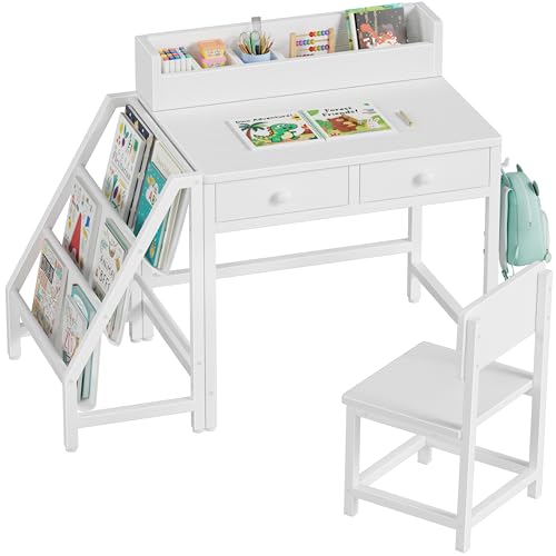 Kids Desk and Chair Set with Bookshelf and Storage Drawers for Ages 3-8