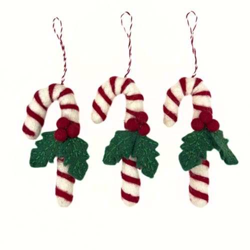 Humble Hilo Candy Cane with Holly 3-Pack Handmade Felt Christmas Ornaments