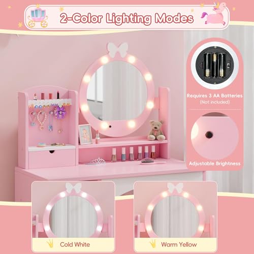 Kids Vanity Table and Chair Set with Lighted Mirror and Storage - Pink