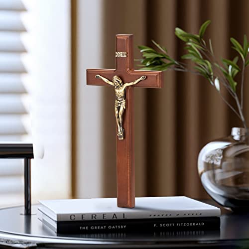 12-Inch Wooden Crucifix Wall Cross with Antique Brass Jesus Corpus